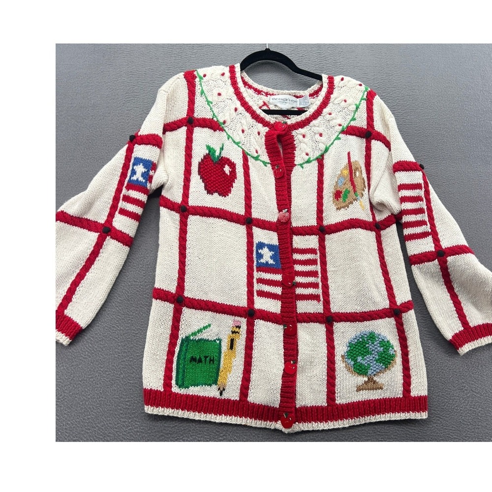 Vintage The Eagle's Eye Hand Knit Teacher School Cardigan Sweater Cream Red 1993